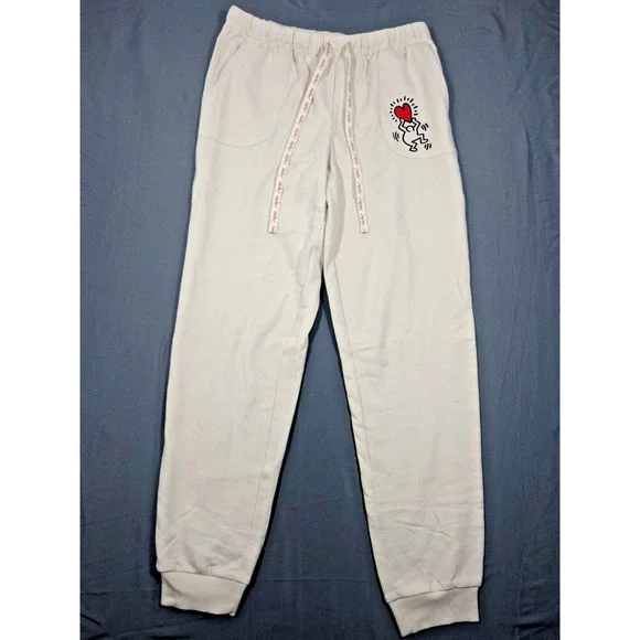 Keith Haring Jogger Lounge Pants Womens Small Cream Graphic Heart Sleepwear - Picture 1 of 9